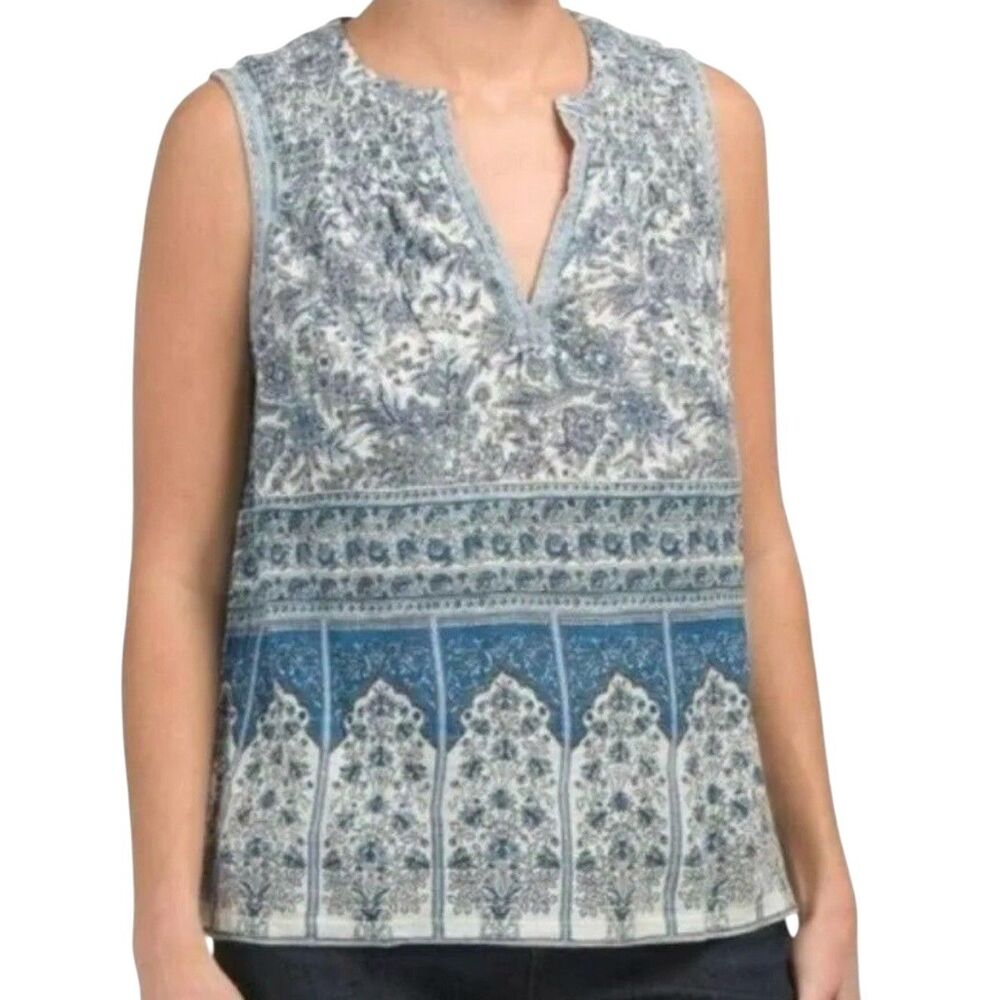 Lucky Brand Boho Knit Top Blouse Shirt Paisley Floral Blue Gray White L bv